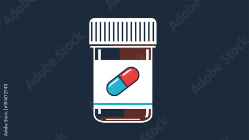 Small brown medicine bottle with a white cap and a label featuring a red and blue capsule icon on a dark background.