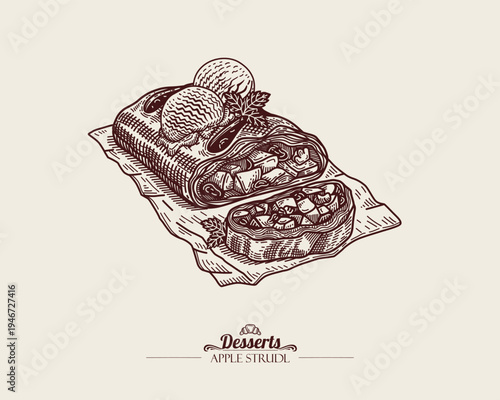 Apple Strudel with Walnuts, Raisins and Two Ice Cream Balls. Traditional Austrian Dessert. Apfelstrudel. Dessert with Puff Pastry. Line art Illustration, Sketch Style.
