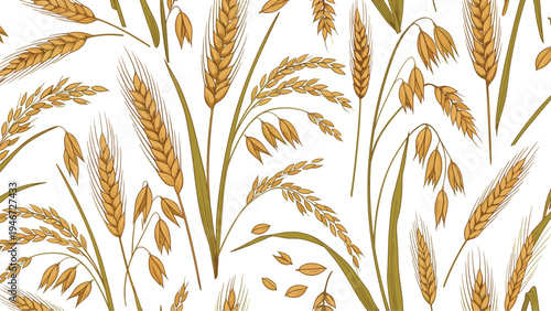 Seamless pattern displays a dense repeating arrangement of wheat, barley, and oat stalks on a clean white background.