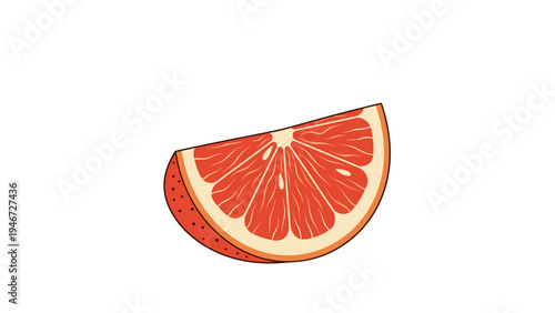 Juicy slice of a red grapefruit shows its inner segments, white pith, and orange-red skin against a white background.