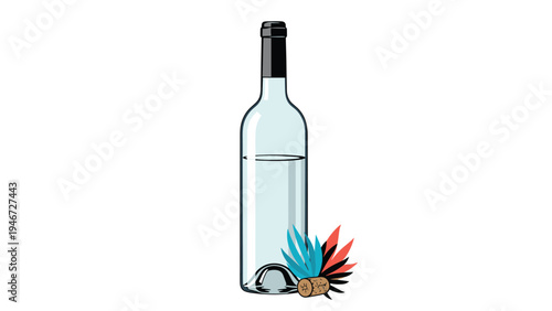 Elegant glass bottle of white wine stands behind a small cork and some colorful decorative blue and red feathers.
