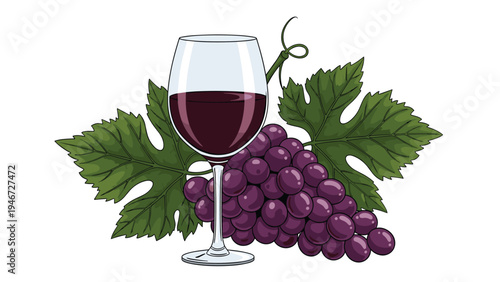 Elegant glass of deep red wine stands beside a bunch of ripe purple grapes and lush green vine leaves on a clean white background for winemaking.