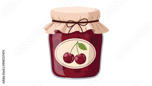Glass jar filled with dark red cherry jam is sealed with a paper cover, a brown string, and a decorative label.