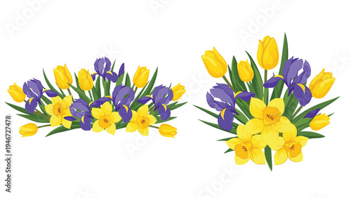 Beautiful spring floral arrangements featuring bright yellow tulips, purple irises, and golden daffodils are shown in two distinct bouquet styles.