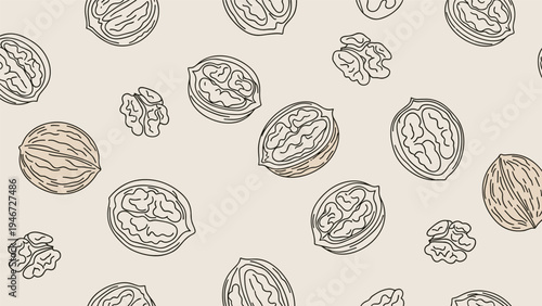 Seamless pattern design featuring various walnut illustrations including whole shells and cracked nutmeats scattered across a neutral beige base.