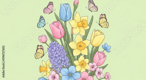 Colorful spring flowers with butterflies on light green background floral arrangement with tulips daffodils and hydrangeas for easter or mother's day decoration