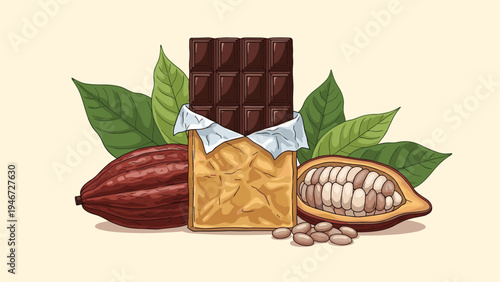 Dark chocolate bar in a gold wrapper next to whole cocoa pods, beans, and green leaves on a light background for treats.