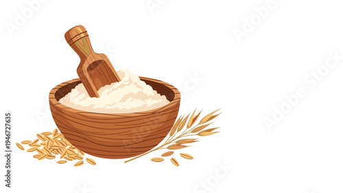 Wooden bowl filled with white oat flour and a scoop next to some oat grains and a dry stalk isolated on a white background.