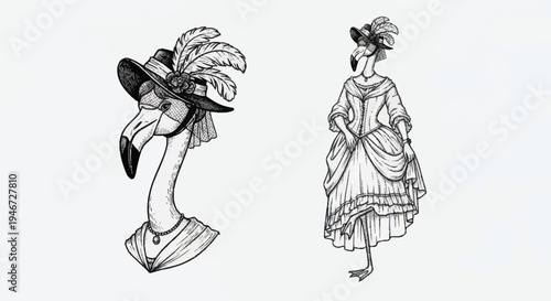 Elegant Flamingos Dressed in Historical Fashion.