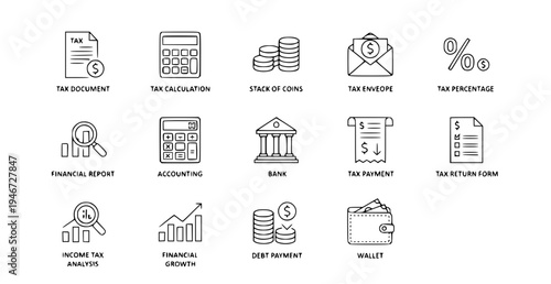 A set of financial icons and illustrations for tax and accounting purposes