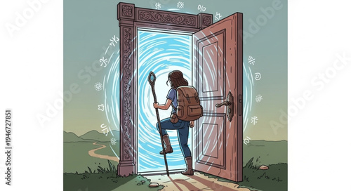 Person Stepping Through a Magical Doorway with Staff and Backpack.