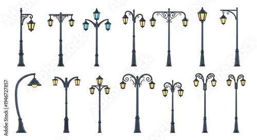 Collection of Ornate Vintage Street Lamps Isolated on White Background.