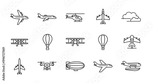 Collection of Various Aircraft and Flying Vehicles Line Art.