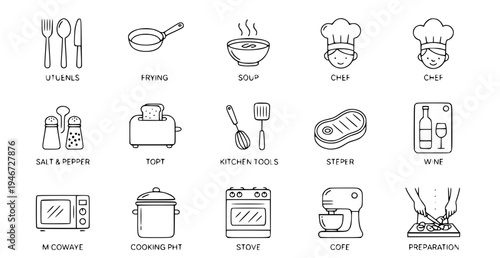 A set of kitchen icons and utensils in a minimalist line art style