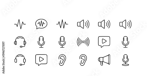 A set of minimalist line art icons representing various audio and video communication symbols