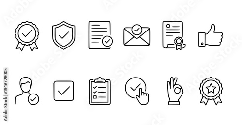 A set of line art icons representing verification and validation concepts