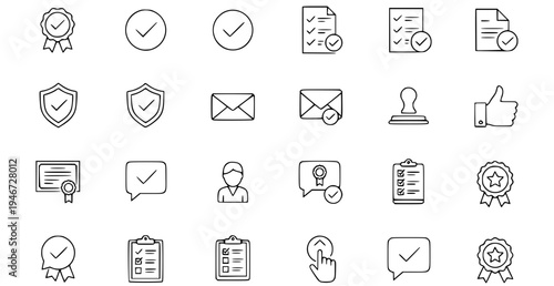 A set of flat line art icons representing verification and validation concepts