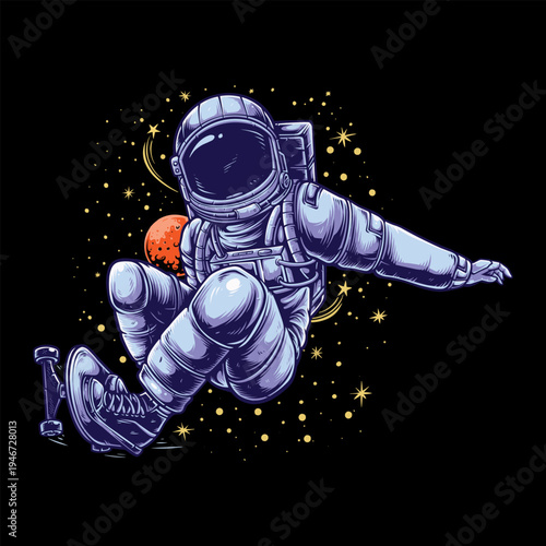 Vintage Astronaut Skateboarding in Space – Retro Cosmic Skateboard Illustration