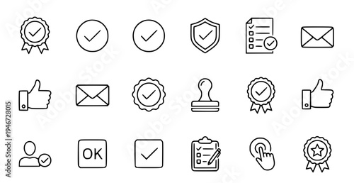 A set of vector icons representing approval and validation concepts