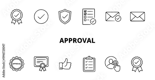 A set of vector icons representing approval and validation concepts