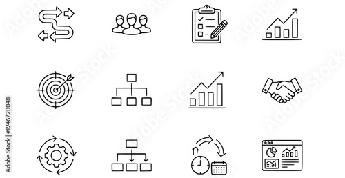 A set of business icons in a minimalist line art style