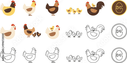 Chicken hen rooster and chicks farm poultry animals cartoon character collection flat vector illustration set