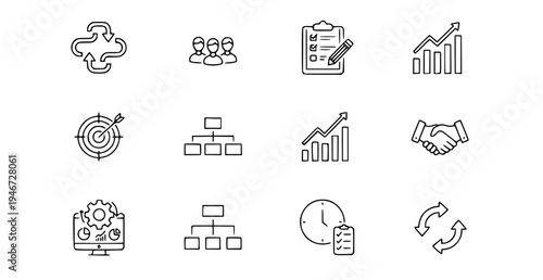 A set of business icons in a minimal line art style