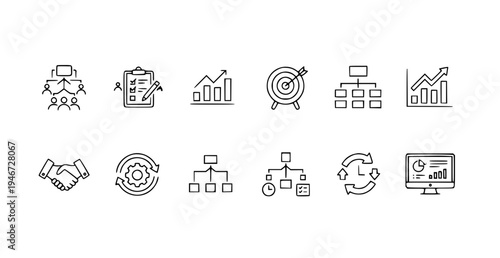 A set of business icons in a minimalist line art style