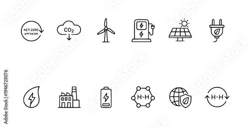 A set of eco-friendly icons representing sustainable energy and environmental concepts