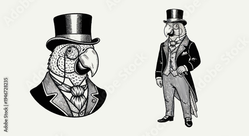 Vintage Parrot Dressed as a Gentleman in Top Hat and Monocle.