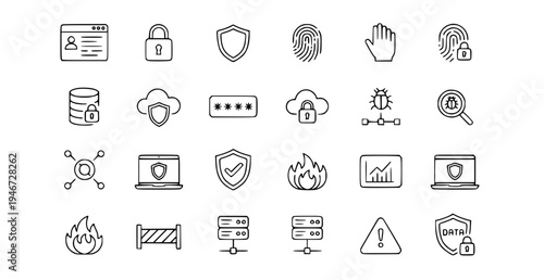 A set of cybersecurity icons in a flat, minimalist design style
