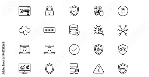 A collection of cybersecurity icons in a minimalist line art style