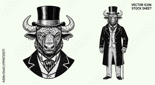 Anthropomorphic Bull Dressed in Formal Victorian Attire.