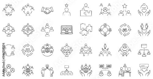 A collection of line art icons depicting teamwork and collaboration