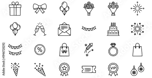 A collection of minimalist line art icons celebrating special occasions and gifts