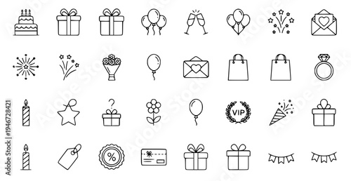 A collection of minimalist line art icons celebrating birthday and gift giving