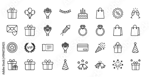A collection of black and white line art icons for celebrations and gifts