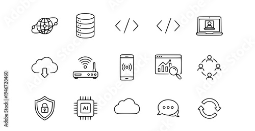 A set of modern line art icons representing technology and communication concepts