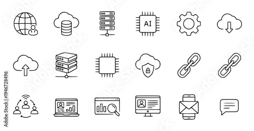 A set of modern line art icons representing technology and communication concepts