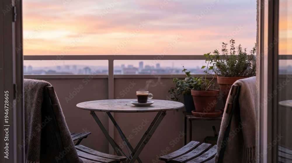 Obraz premium Cozy balcony with coffee at sunset.