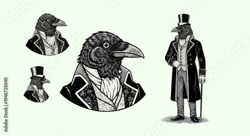 Vintage Anthropomorphic Crow Characters in Formal Attire.