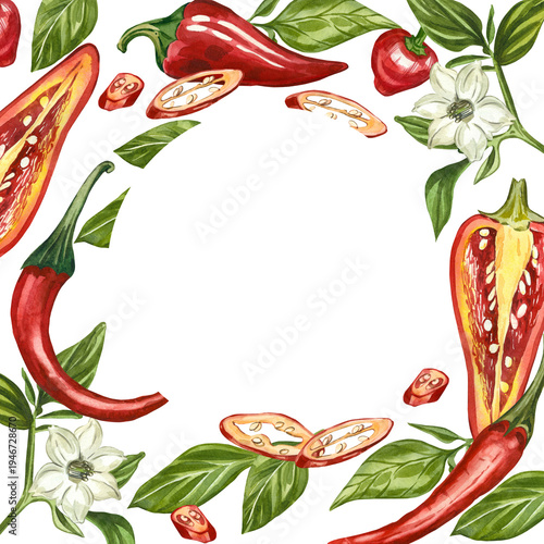 A frame with watercolor illustrations of chili peppers, jalapenos, and cayenne peppers whole and sliced, leaves, flowers. All hand-painted perfect for menus, invitations, and culinary design concepts.