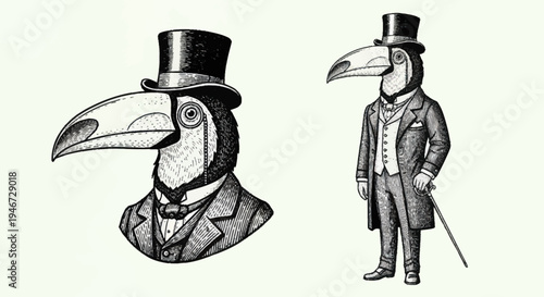 Vintage Toucan Gentleman Illustration with Top Hat and Suit.