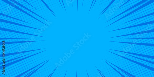 Blue Comic Book Background with Speed Lines and Halftone Pattern. Abstract Pop Art Vector Illustration for Superhero Concept, Action Scene, Sales Banner, and Dynamic Motion Graphic Backdrop.