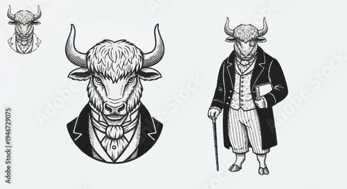 Anthropomorphic Bull Character in Vintage Suit with Cane.