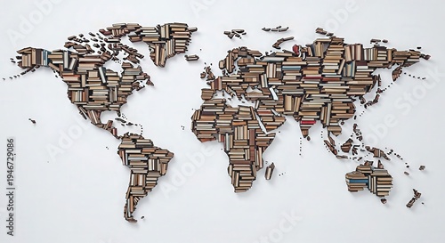 World map constructed from stacked books on a white background continents geography