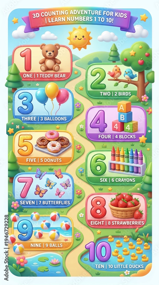 Fototapeta premium Colorful childrens educational number learning chart.