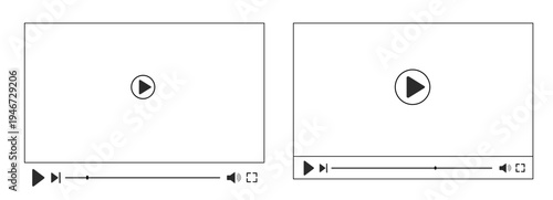 Video music player display frame, line doodle bar with buttons, progress line, sound. Hand drawn border, media window. Panel icon,
