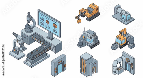 Isometric laboratory equipment and industrial machinery collection.
