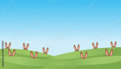 Cute Easter bunny ears peeking out from green hills under a clear blue sky